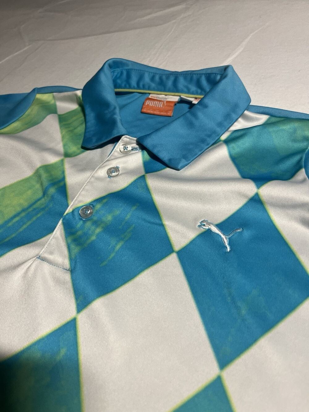 PUMA Sport Lifestyle Golf Polo Men’s XL 48/50 Blue Green Argyle Diamond CoolCell